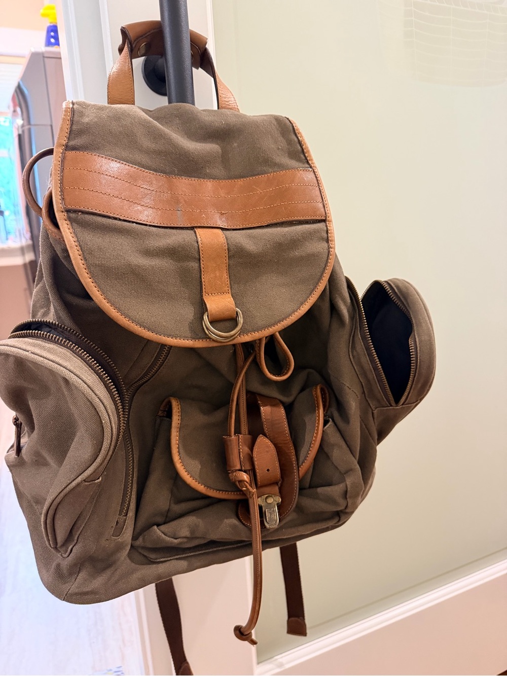 Source Unknown Olive Canvas Backpack with Tan Leather Trim